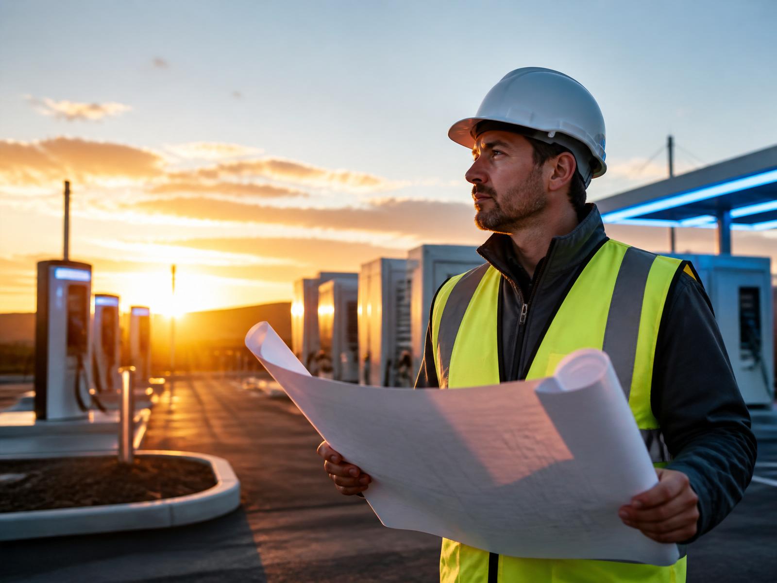 Project manager reviewing site plans at an EV charging substation at golden hour